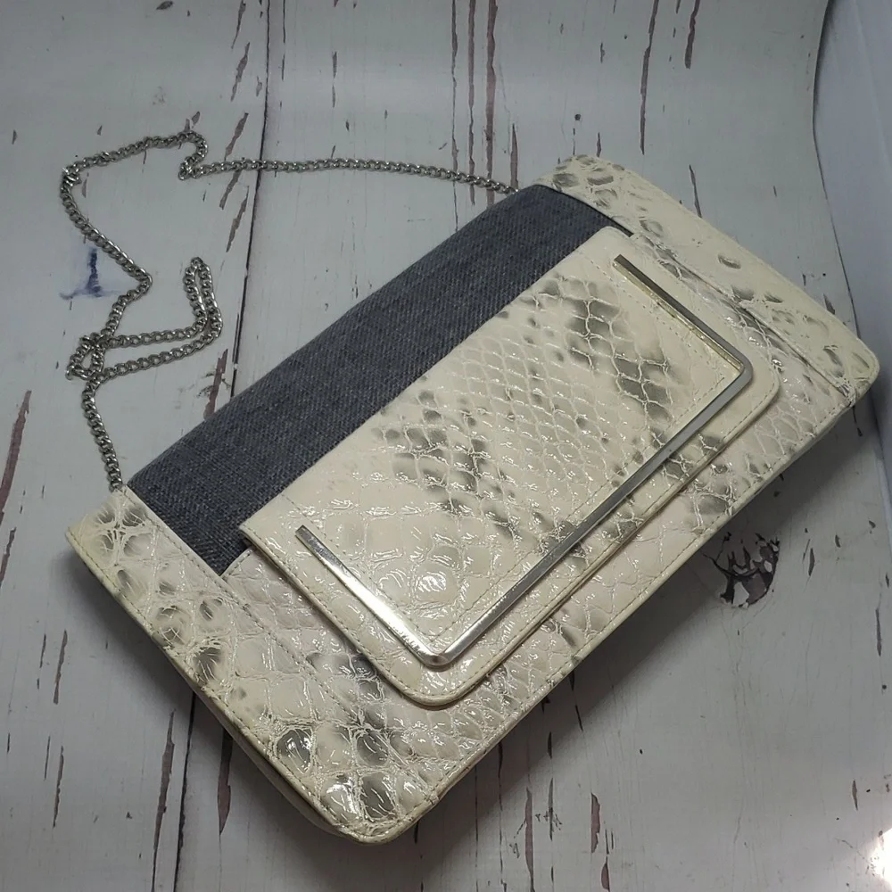 Squared by Sondra Roberts gray canvas cream embosed snake skin clutch shoulder